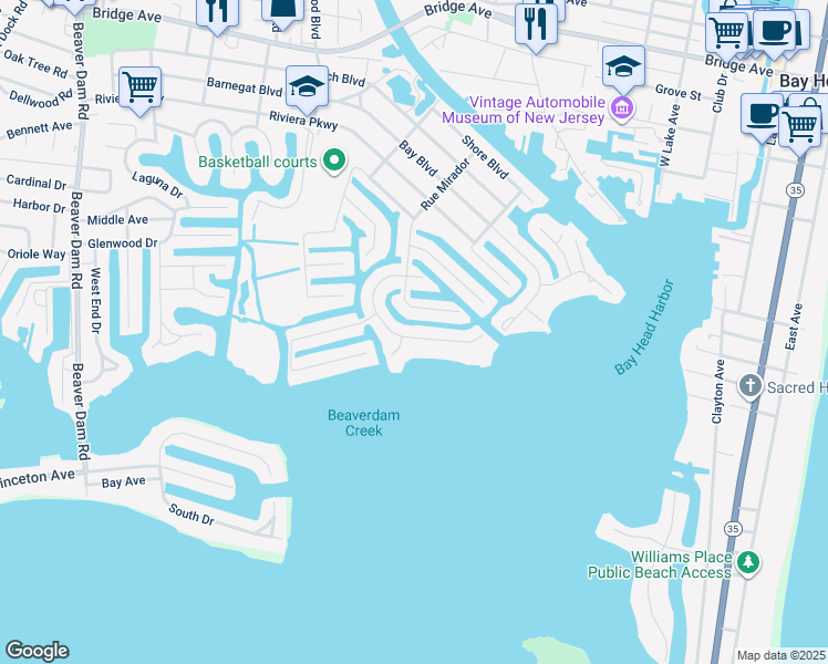 map of restaurants, bars, coffee shops, grocery stores, and more near 1731 Bay Isle Drive in Point Pleasant