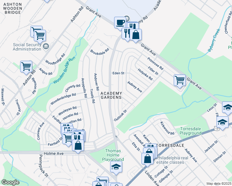 map of restaurants, bars, coffee shops, grocery stores, and more near 9302 Lansford Street in Philadelphia