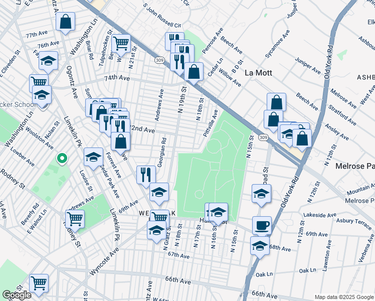 map of restaurants, bars, coffee shops, grocery stores, and more near 1836 Dallas Road in Philadelphia