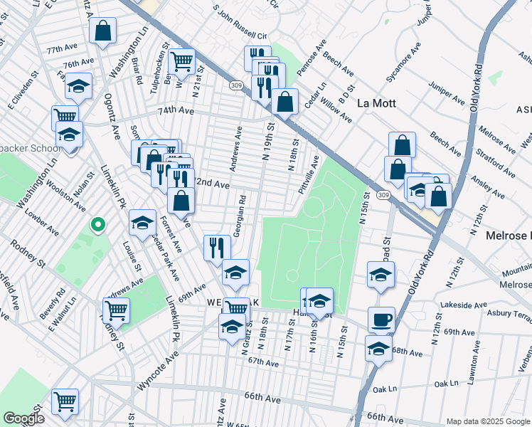 map of restaurants, bars, coffee shops, grocery stores, and more near 1832 Dallas Street in Philadelphia