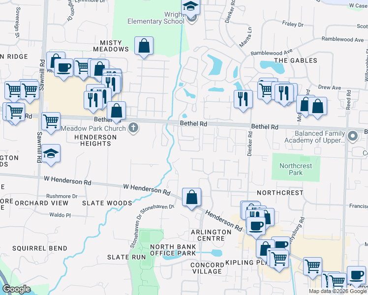 map of restaurants, bars, coffee shops, grocery stores, and more near 2350 Gavinley Way in Columbus