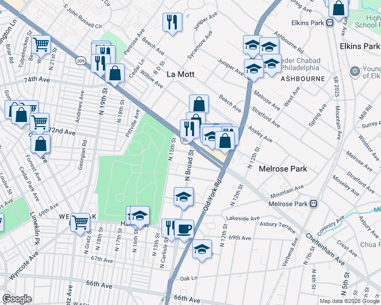 map of restaurants, bars, coffee shops, grocery stores, and more near 1403 West Cheltenham Avenue in Elkins Park