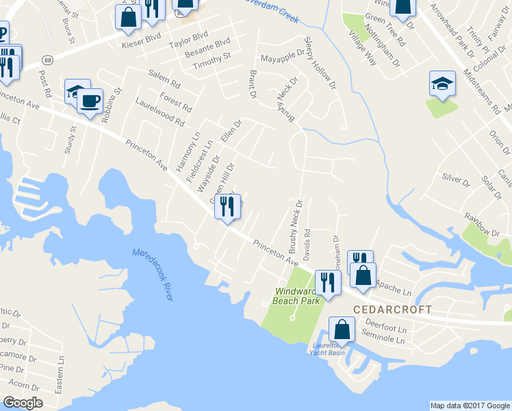 map of restaurants, bars, coffee shops, grocery stores, and more near 19 Mallard Drive in Brick