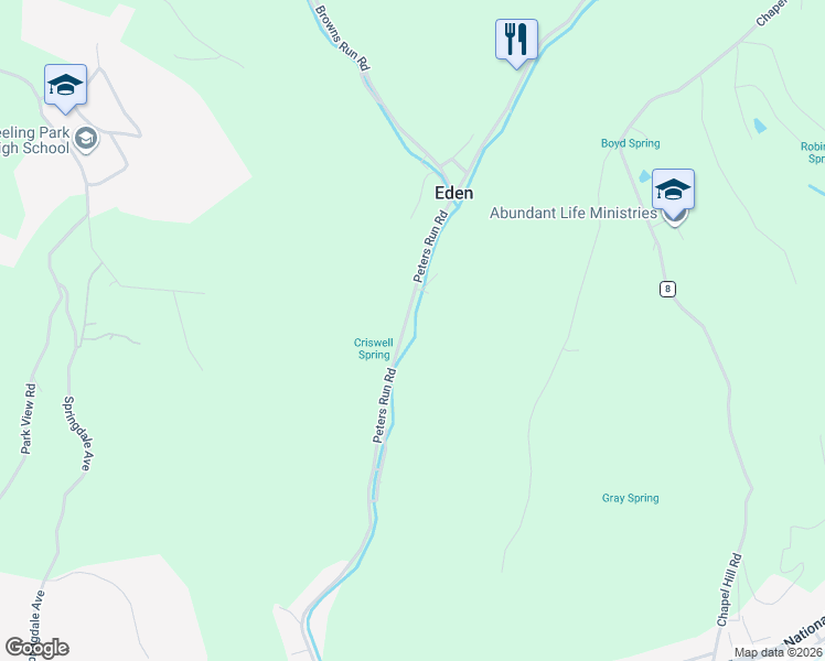 map of restaurants, bars, coffee shops, grocery stores, and more near 1114 Peters Run Road in Triadelphia