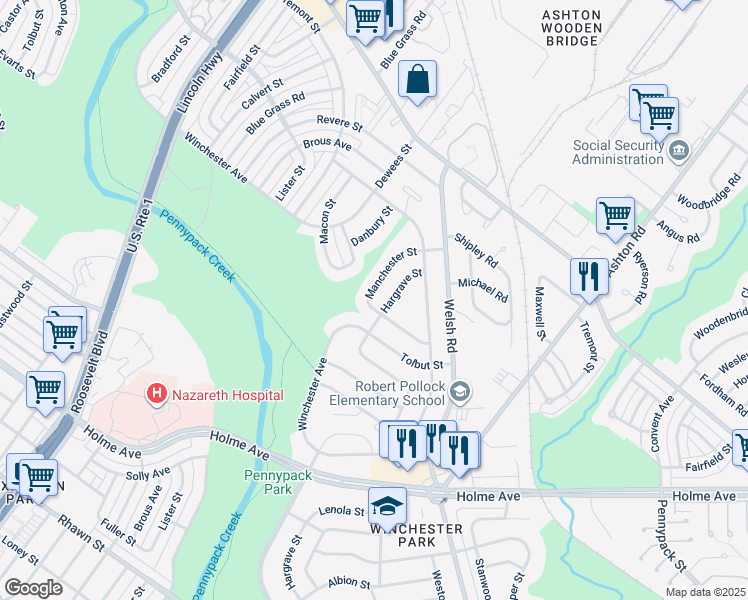 map of restaurants, bars, coffee shops, grocery stores, and more near 8803 Manchester Street in Philadelphia