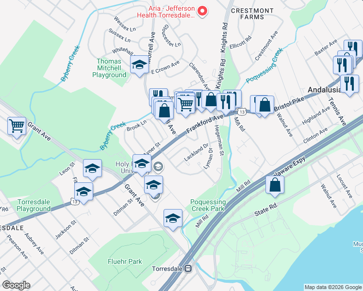 map of restaurants, bars, coffee shops, grocery stores, and more near 9893 Frankford Avenue in Philadelphia