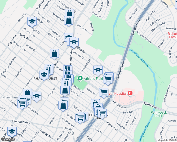 map of restaurants, bars, coffee shops, grocery stores, and more near 2208 Benson Street in Philadelphia