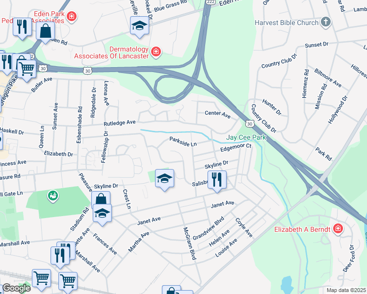 map of restaurants, bars, coffee shops, grocery stores, and more near 890 Parkside Lane in Lancaster