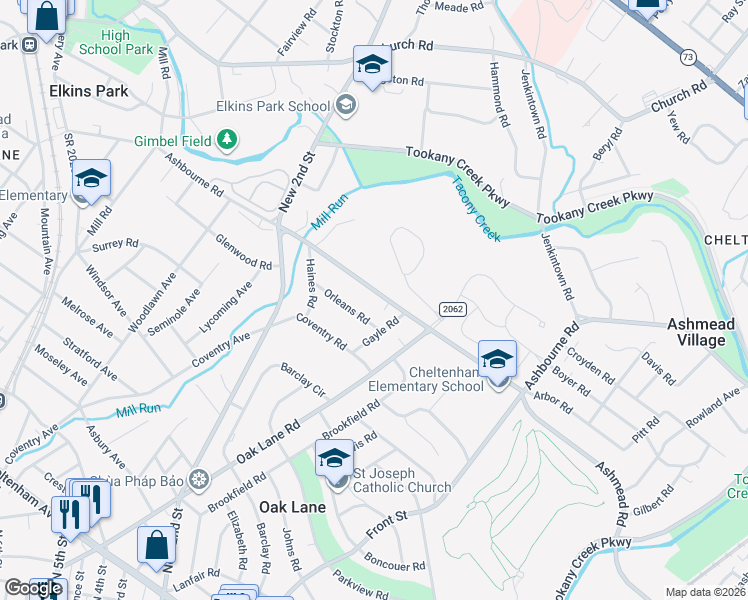 map of restaurants, bars, coffee shops, grocery stores, and more near 1115 Ashbourne Road in Oak Lane