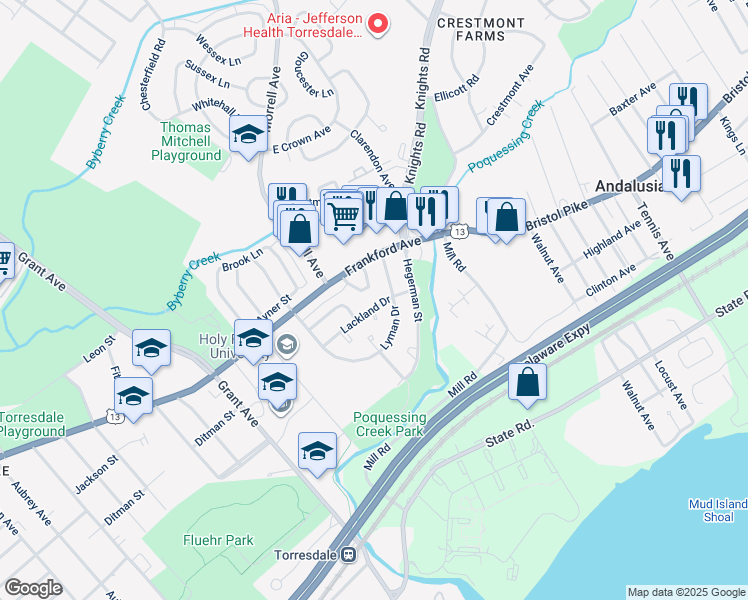 map of restaurants, bars, coffee shops, grocery stores, and more near 9928 Lackland Drive in Philadelphia