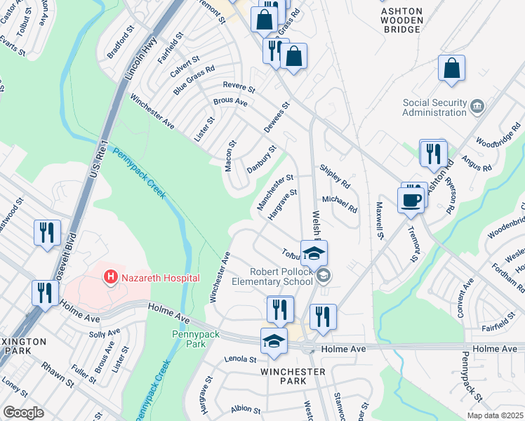 map of restaurants, bars, coffee shops, grocery stores, and more near 8803 Manchester Street in Philadelphia