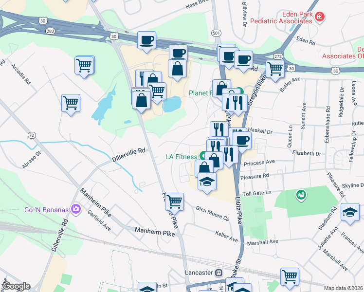 map of restaurants, bars, coffee shops, grocery stores, and more near 97 Glen Moore Circle in Lancaster