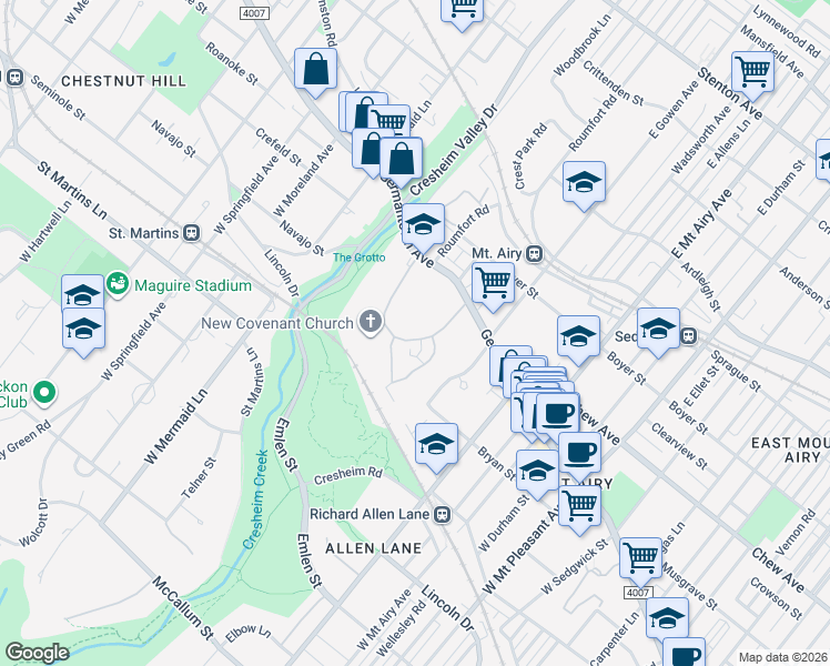 map of restaurants, bars, coffee shops, grocery stores, and more near 7500 Germantown Avenue in Philadelphia