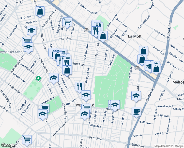 map of restaurants, bars, coffee shops, grocery stores, and more near 1900 Dallas Street in Philadelphia