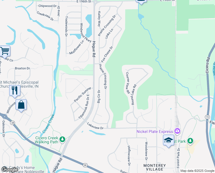 map of restaurants, bars, coffee shops, grocery stores, and more near 18984 Prairie Crossing Drive in Noblesville