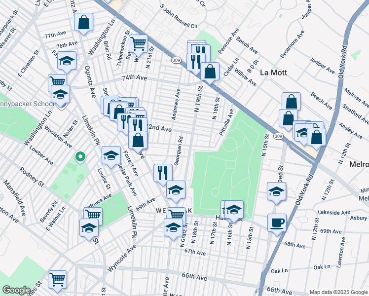 map of restaurants, bars, coffee shops, grocery stores, and more near 1910 Dallas Street in Philadelphia