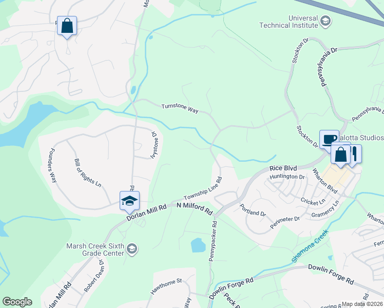 map of restaurants, bars, coffee shops, grocery stores, and more near 107 Peregrine Lane in Downingtown