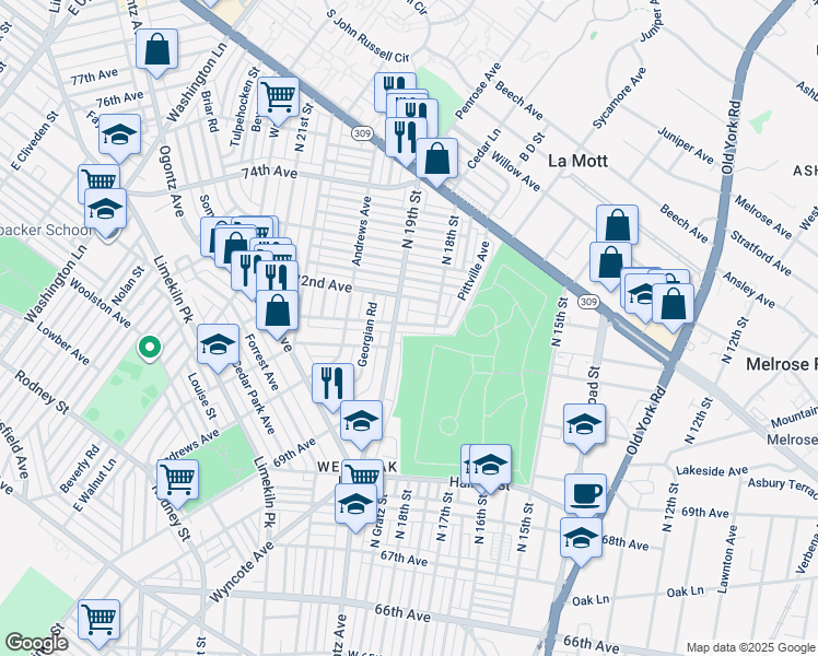 map of restaurants, bars, coffee shops, grocery stores, and more near 1832 Dallas Street in Philadelphia