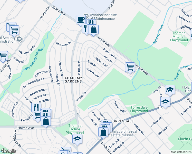 map of restaurants, bars, coffee shops, grocery stores, and more near 3442 Aubrey Avenue in Philadelphia