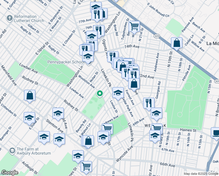 map of restaurants, bars, coffee shops, grocery stores, and more near 7224 Limekiln Pike in Philadelphia