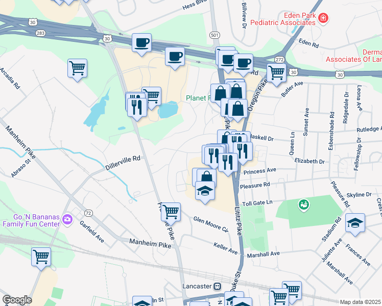 map of restaurants, bars, coffee shops, grocery stores, and more near 69 Roosevelt Boulevard in Lancaster