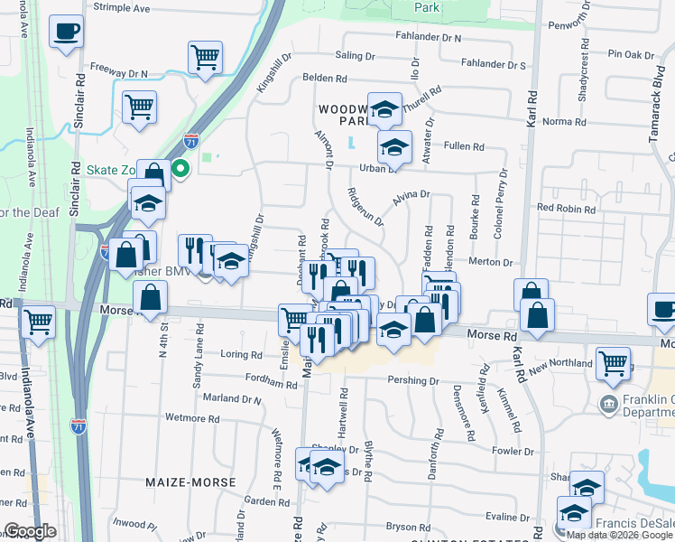 map of restaurants, bars, coffee shops, grocery stores, and more near 4765 Maize Road in Columbus