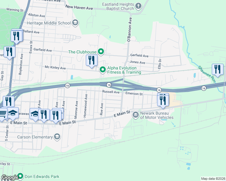 map of restaurants, bars, coffee shops, grocery stores, and more near 764 Russell Avenue in Newark