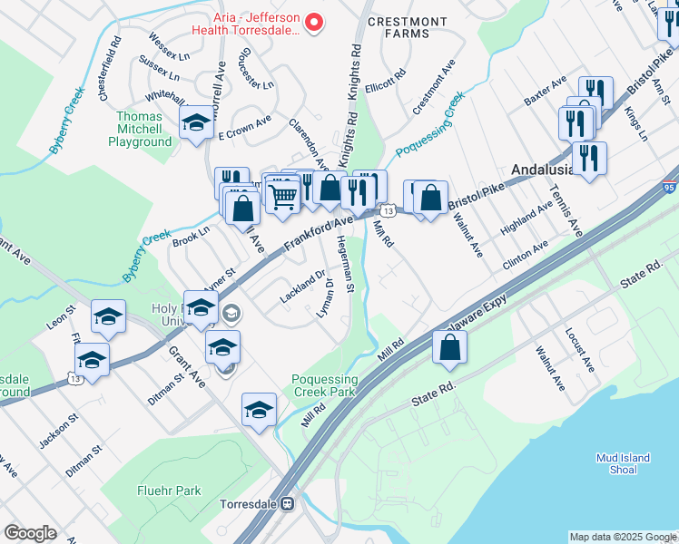 map of restaurants, bars, coffee shops, grocery stores, and more near 9961 Lackland Drive in Philadelphia