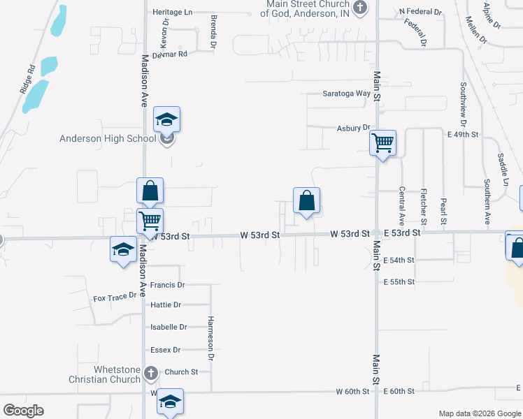 map of restaurants, bars, coffee shops, grocery stores, and more near 524 West 53rd Street in Anderson