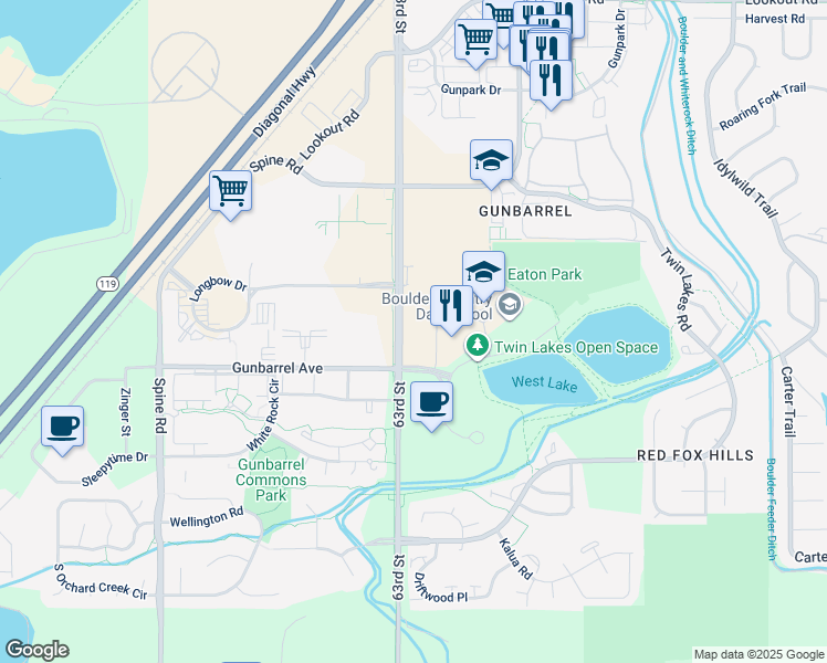 map of restaurants, bars, coffee shops, grocery stores, and more near 4833-4925 63rd Street in Boulder