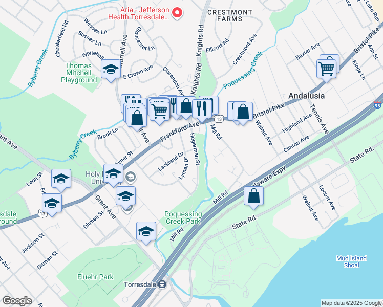 map of restaurants, bars, coffee shops, grocery stores, and more near 9961 Lackland Drive in Philadelphia
