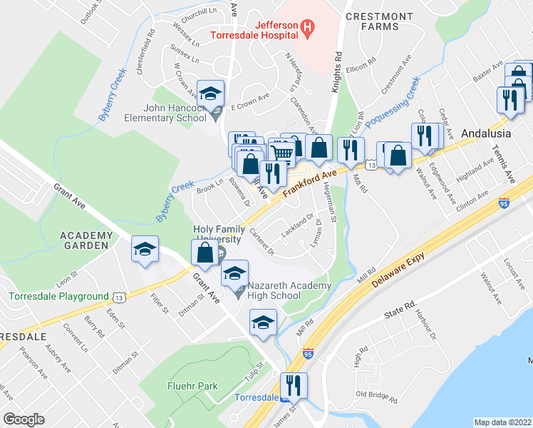 map of restaurants, bars, coffee shops, grocery stores, and more near 3999 Rowena Drive in Philadelphia