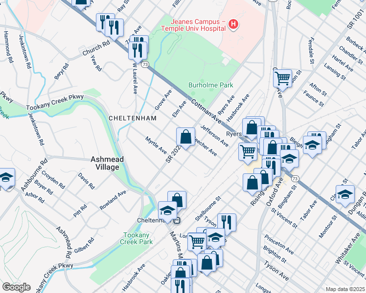 map of restaurants, bars, coffee shops, grocery stores, and more near 311 Franklin Avenue in Montgomery County