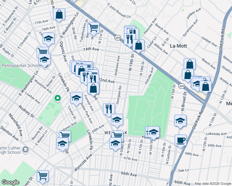 map of restaurants, bars, coffee shops, grocery stores, and more near 7165 Georgian Road in Philadelphia
