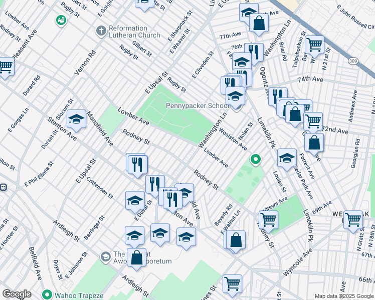 map of restaurants, bars, coffee shops, grocery stores, and more near 1626 East Johnson Street in Philadelphia
