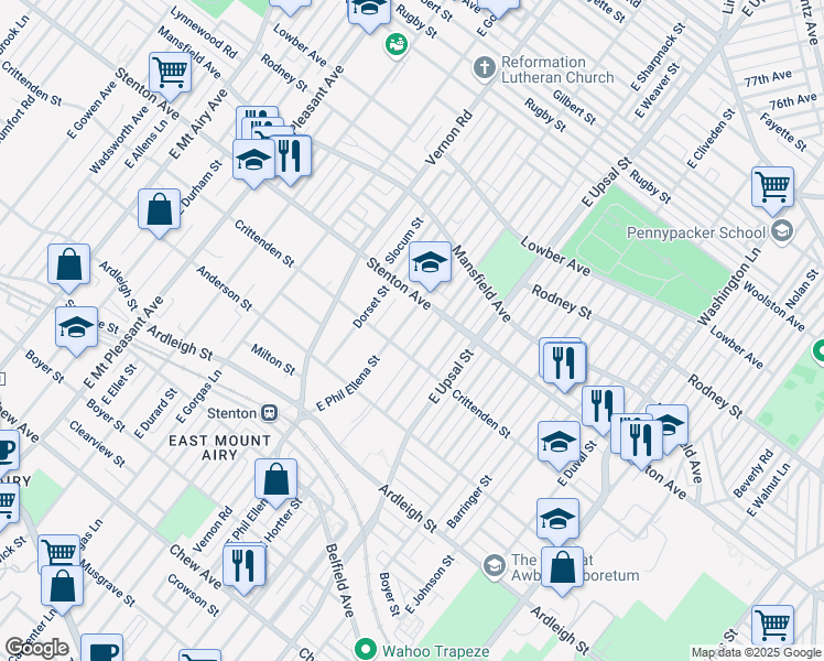 map of restaurants, bars, coffee shops, grocery stores, and more near 827 East Phil Ellena Street in Philadelphia