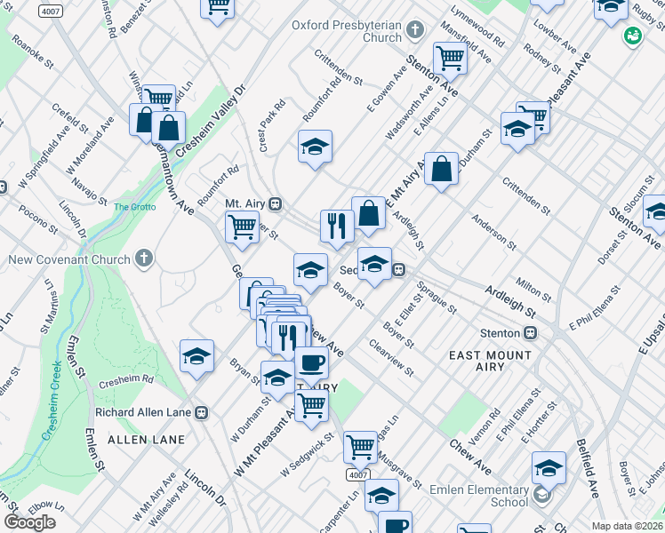 map of restaurants, bars, coffee shops, grocery stores, and more near 7240 Devon Street in Philadelphia