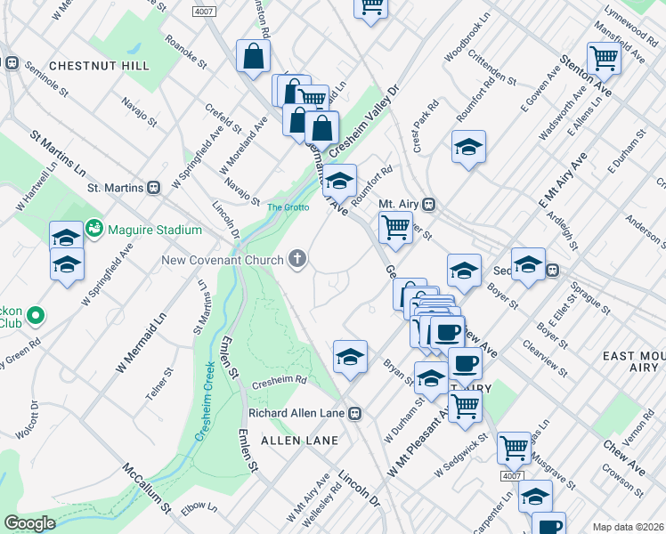 map of restaurants, bars, coffee shops, grocery stores, and more near 7500 Germantown Avenue in Philadelphia