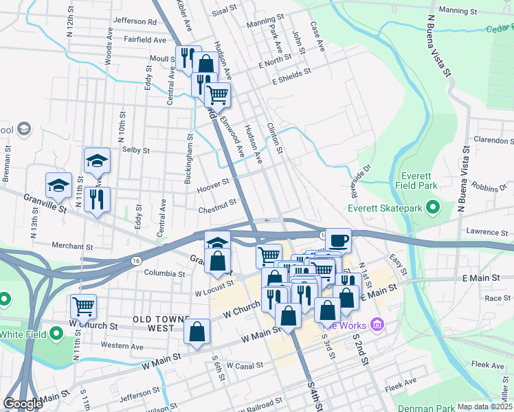 map of restaurants, bars, coffee shops, grocery stores, and more near 210 Mount Vernon Road in Newark