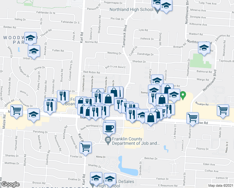map of restaurants, bars, coffee shops, grocery stores, and more near 4711 Stoneway Drive in Columbus