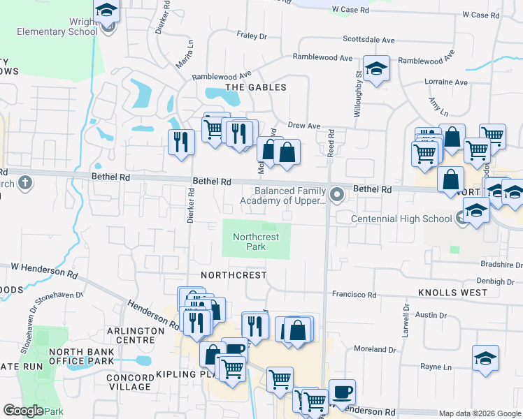 map of restaurants, bars, coffee shops, grocery stores, and more near 1895 Bethel Road in Columbus