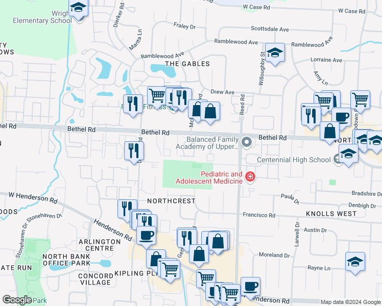 map of restaurants, bars, coffee shops, grocery stores, and more near 1895 Bethel Road in Columbus