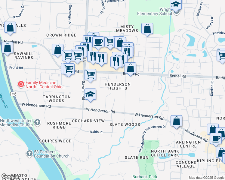 map of restaurants, bars, coffee shops, grocery stores, and more near 5334 Darlington Road in Columbus