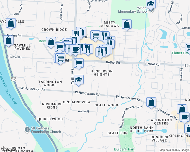 map of restaurants, bars, coffee shops, grocery stores, and more near 5322 Darlington Road in Columbus