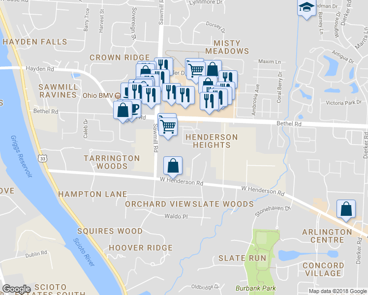 map of restaurants, bars, coffee shops, grocery stores, and more near 5330 Stonemeadow Avenue in Columbus
