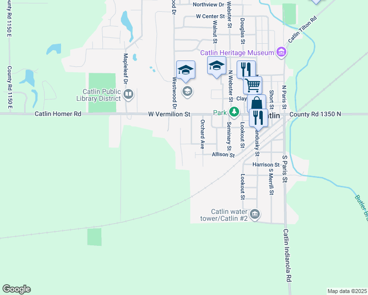 map of restaurants, bars, coffee shops, grocery stores, and more near 211 Martin Court in Catlin