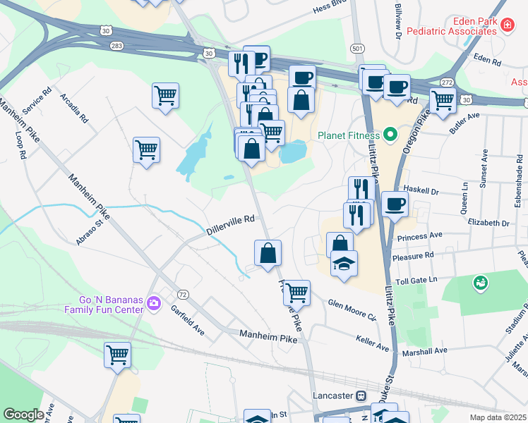map of restaurants, bars, coffee shops, grocery stores, and more near 1537 Fruitville Pike in Lancaster