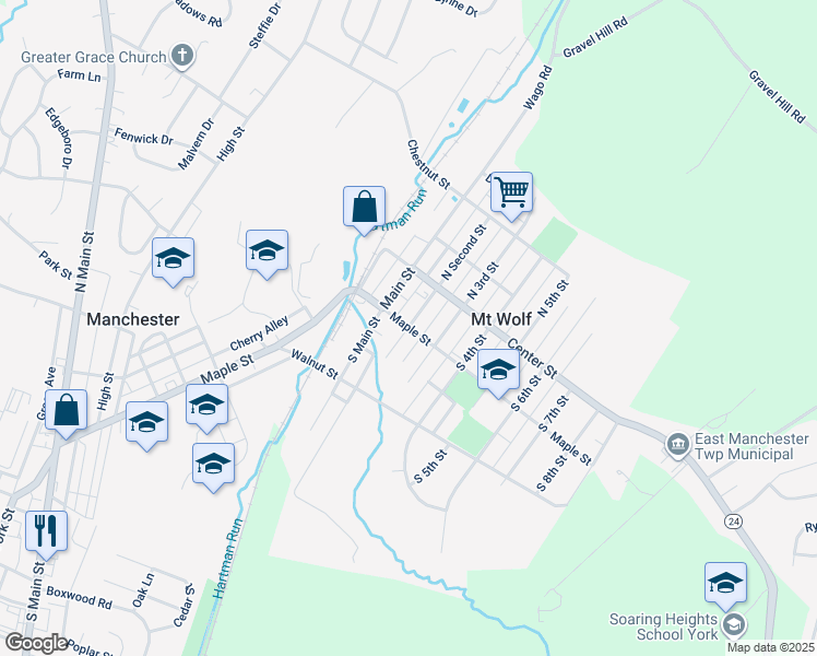 map of restaurants, bars, coffee shops, grocery stores, and more near South Second Street in Manchester