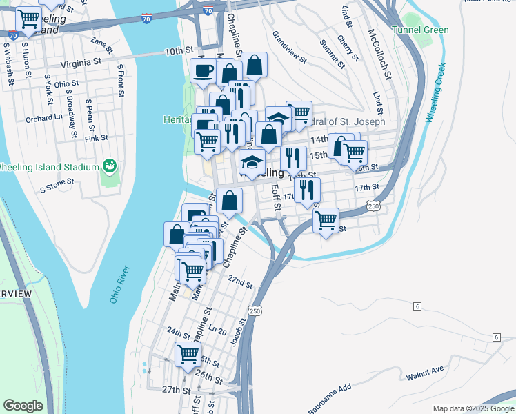 map of restaurants, bars, coffee shops, grocery stores, and more near 3385 Greater Wheeling Trail in Wheeling