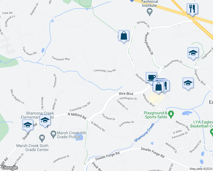 map of restaurants, bars, coffee shops, grocery stores, and more near 304 Auburn Drive in Downingtown